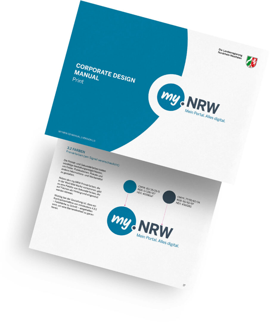 Abildung der Titelseite und Innenseite des Corporate-Design-Manuals für my.nrw für den Kunden Landesregierung Nordrhein-Westfalen