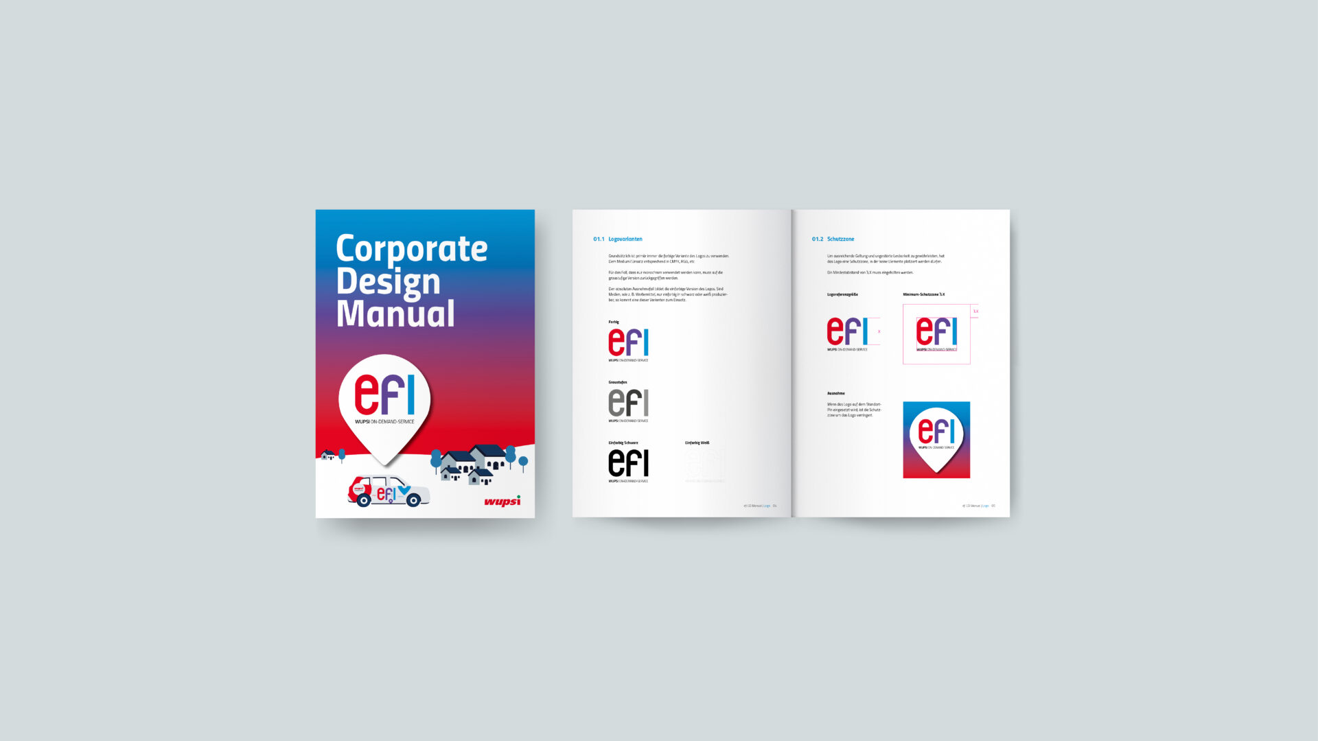 Abildung der Titelseite und Innenseite des Corporate-Design-Manuals für "efi" für den Kunden wupsi GmbH